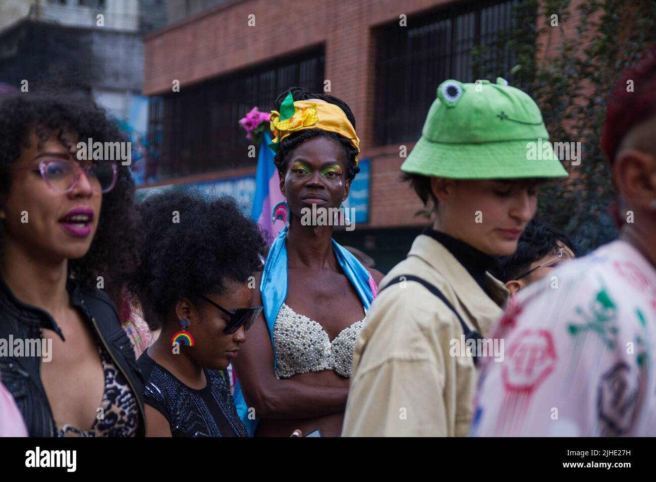 A demonstrator parades during the 2022 'Yo Marcho Trans' transgender community pride parade in Bogota, Colombia on July 15, 2022. Stock Photo