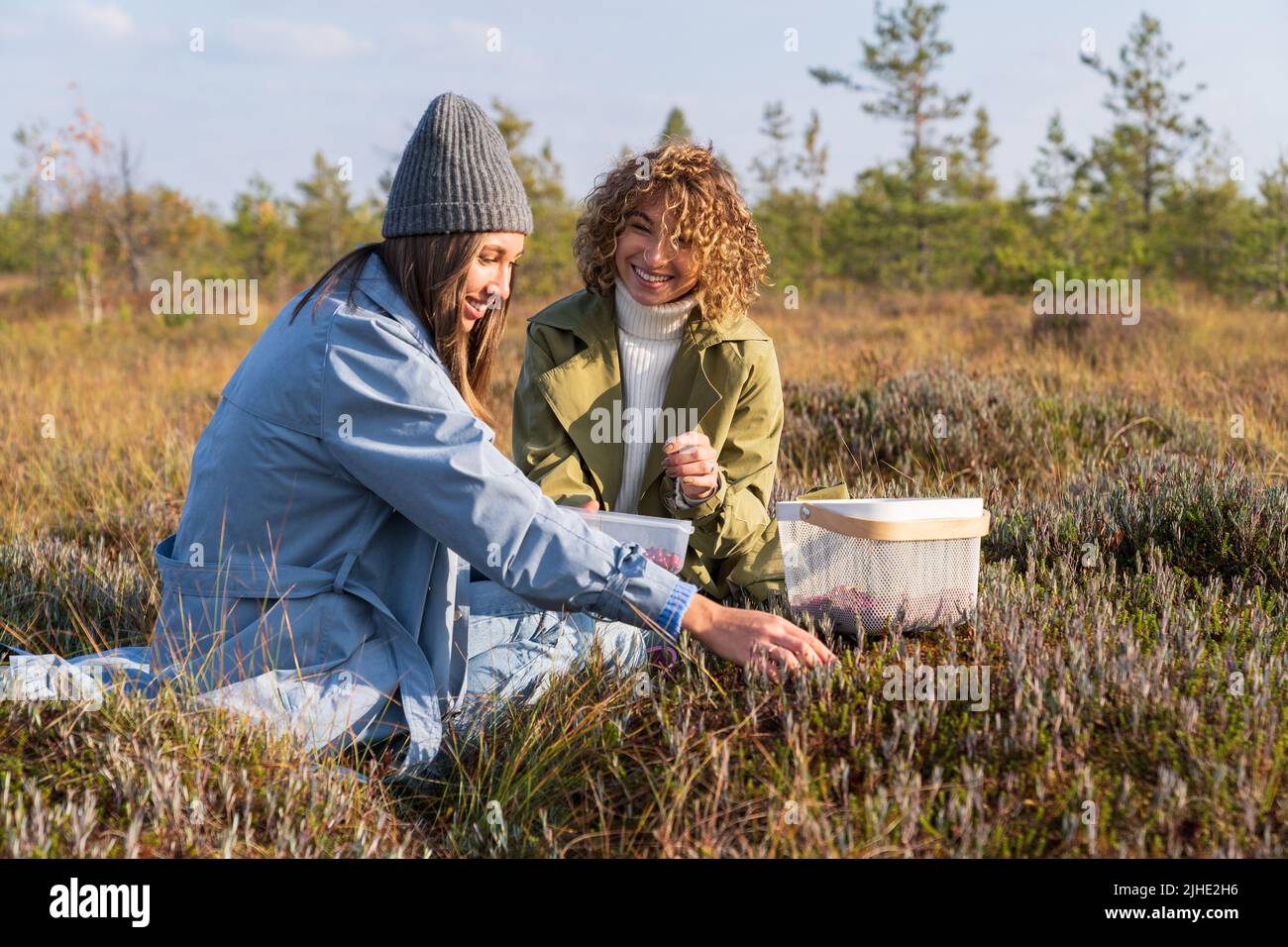 Two young cheerful girls spending weekend in countryside picking autumn berries and communicating Stock Photo
