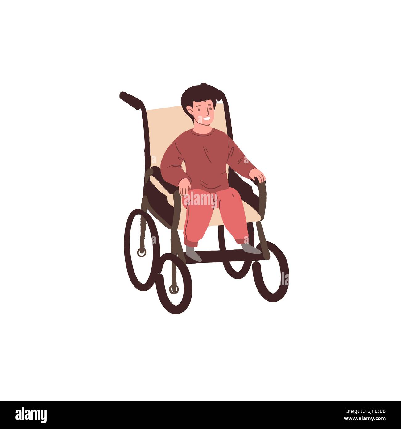 Flat cartoon kid character sits in wheelchair,disabled childrens care