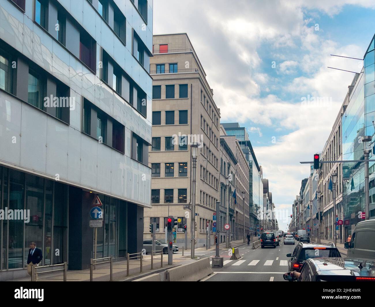 Few cars stopped at the Red traffic light in Brussels Stock Photo - Alamy