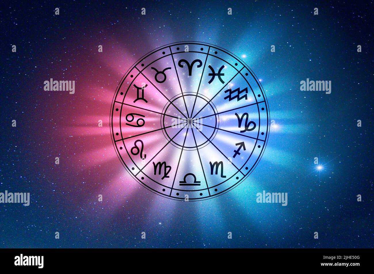 Zodiac signs inside of horoscope circle. Astrology in the sky with many stars and moons  astrology and horoscopes concept Stock Photo