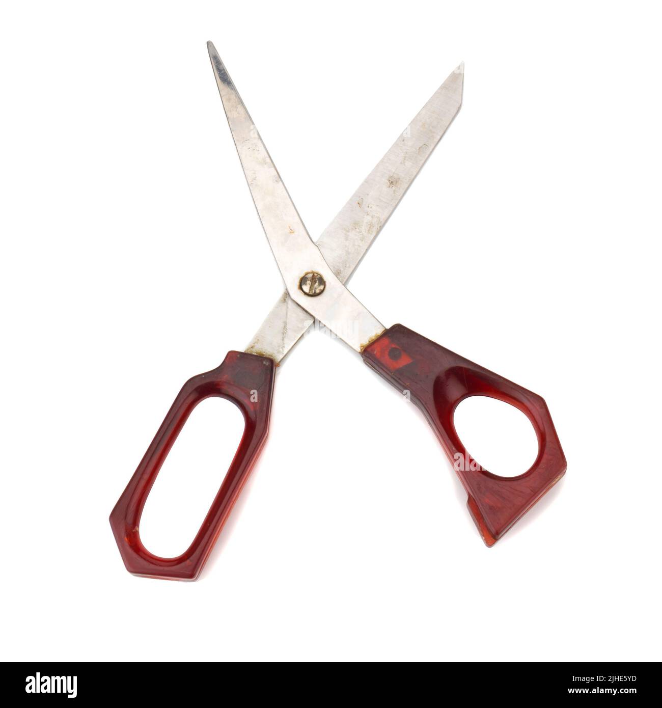 red scissors. dirty. isolated no white background. Stock Photo