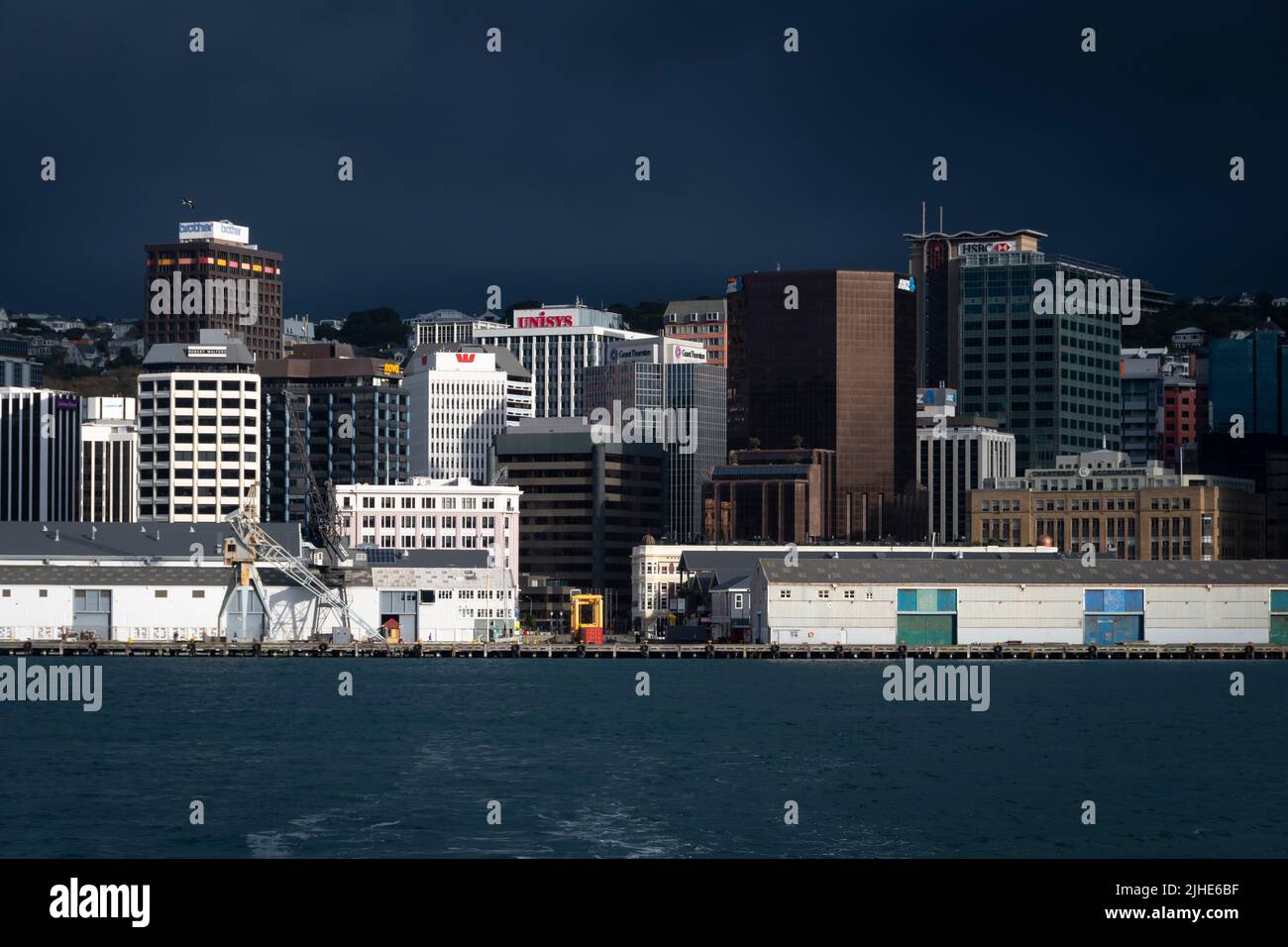 City buildings on waterfront, Wellington, North Island, New Zealand Stock Photo