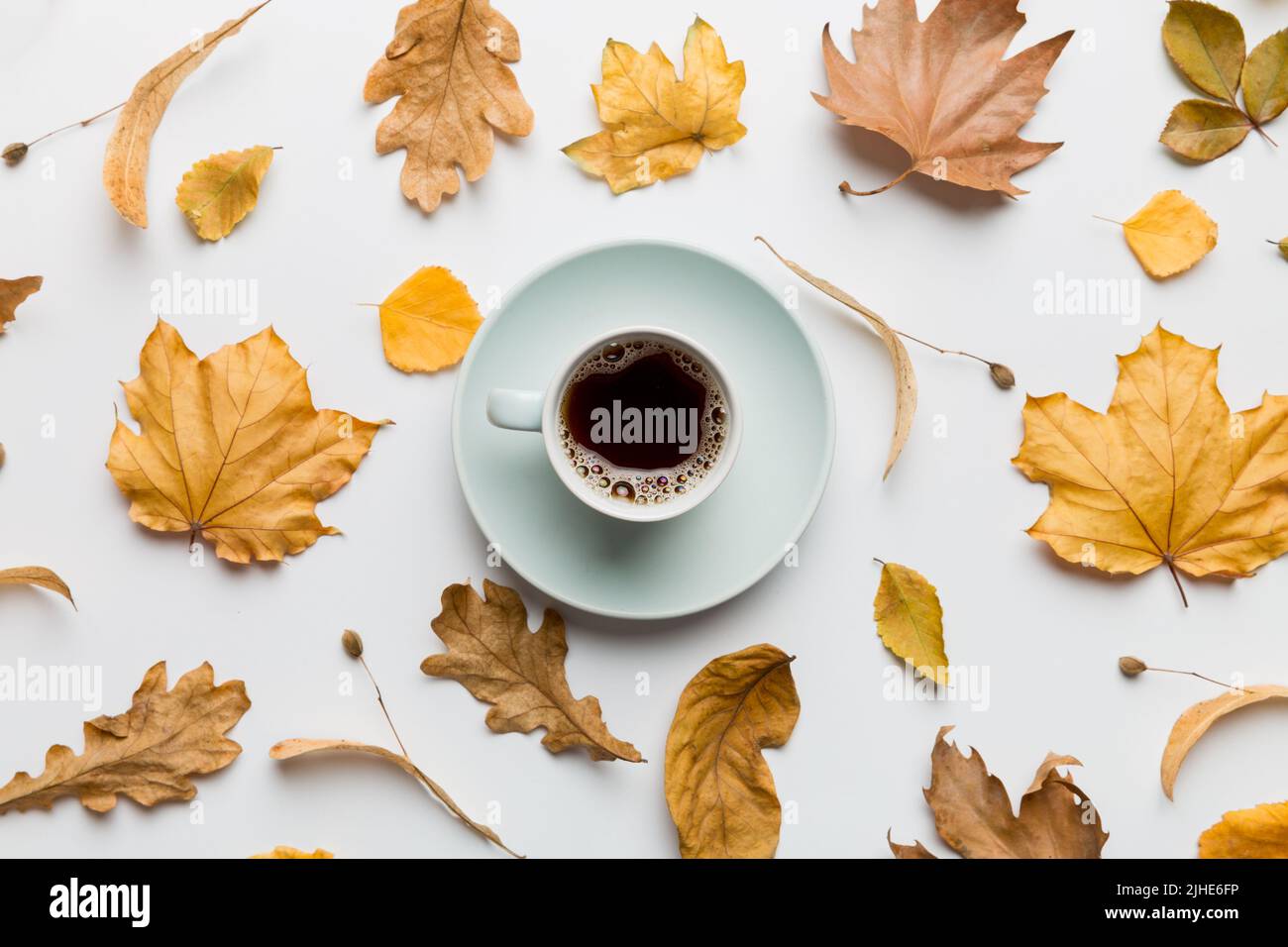 Flat lay composition with colorful Autumn cup of coffee and leaves on a ...