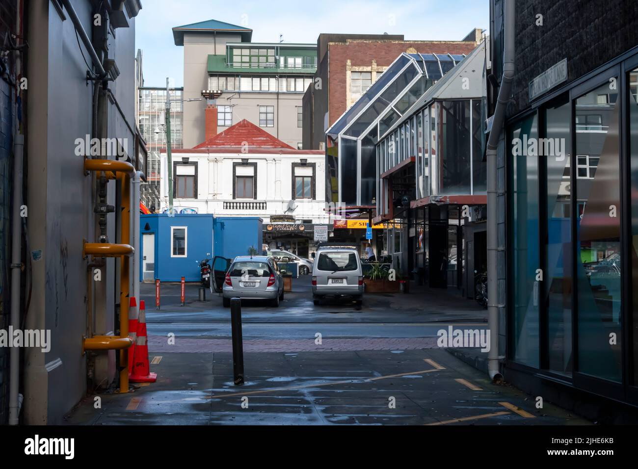 Buildings and alley way in central Wellington, North Island, New Zealand Stock Photo