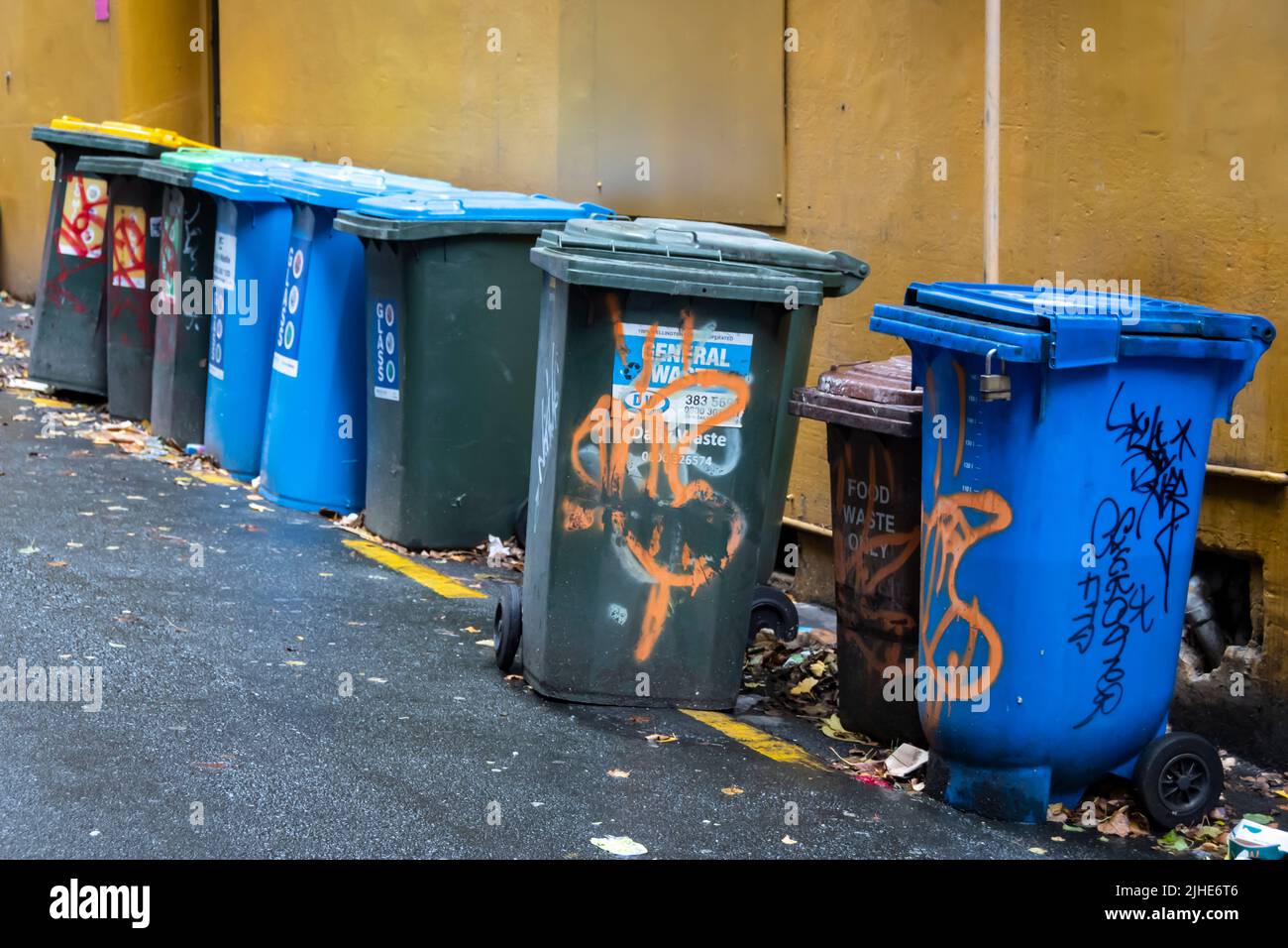 Rubbish bins in a back alley,Wellington, North Island, New Zealand Stock Photo