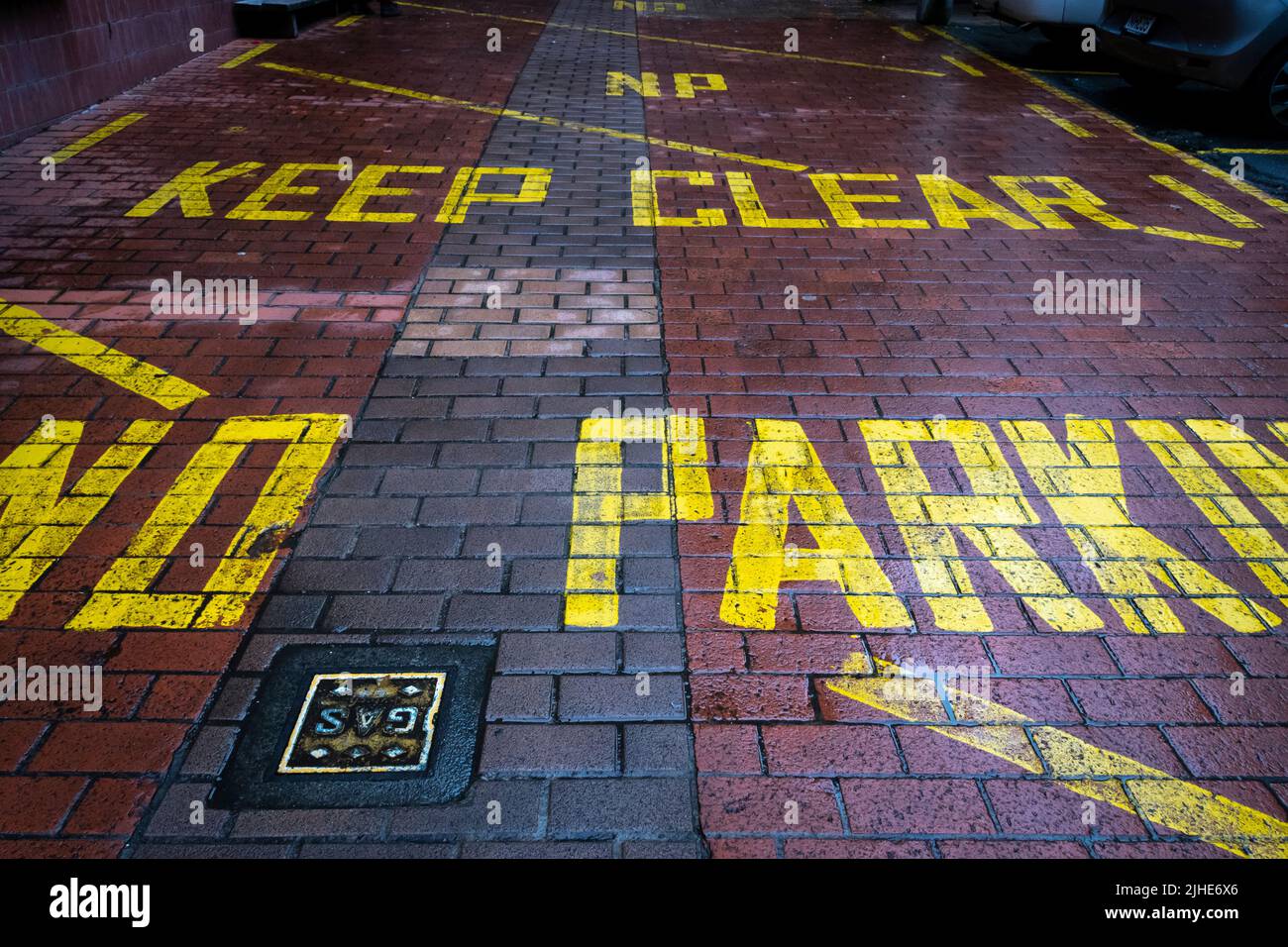 No parking signs on brick paving, Wellington, North Island, New Zealand Stock Photo