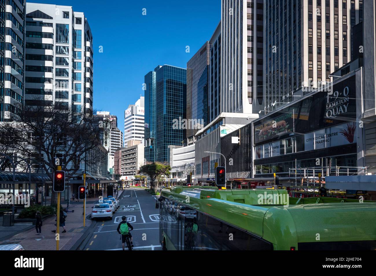 Buildings in Lambton Quay, Central business district, Wellington, North Island, New Zealand Stock Photo