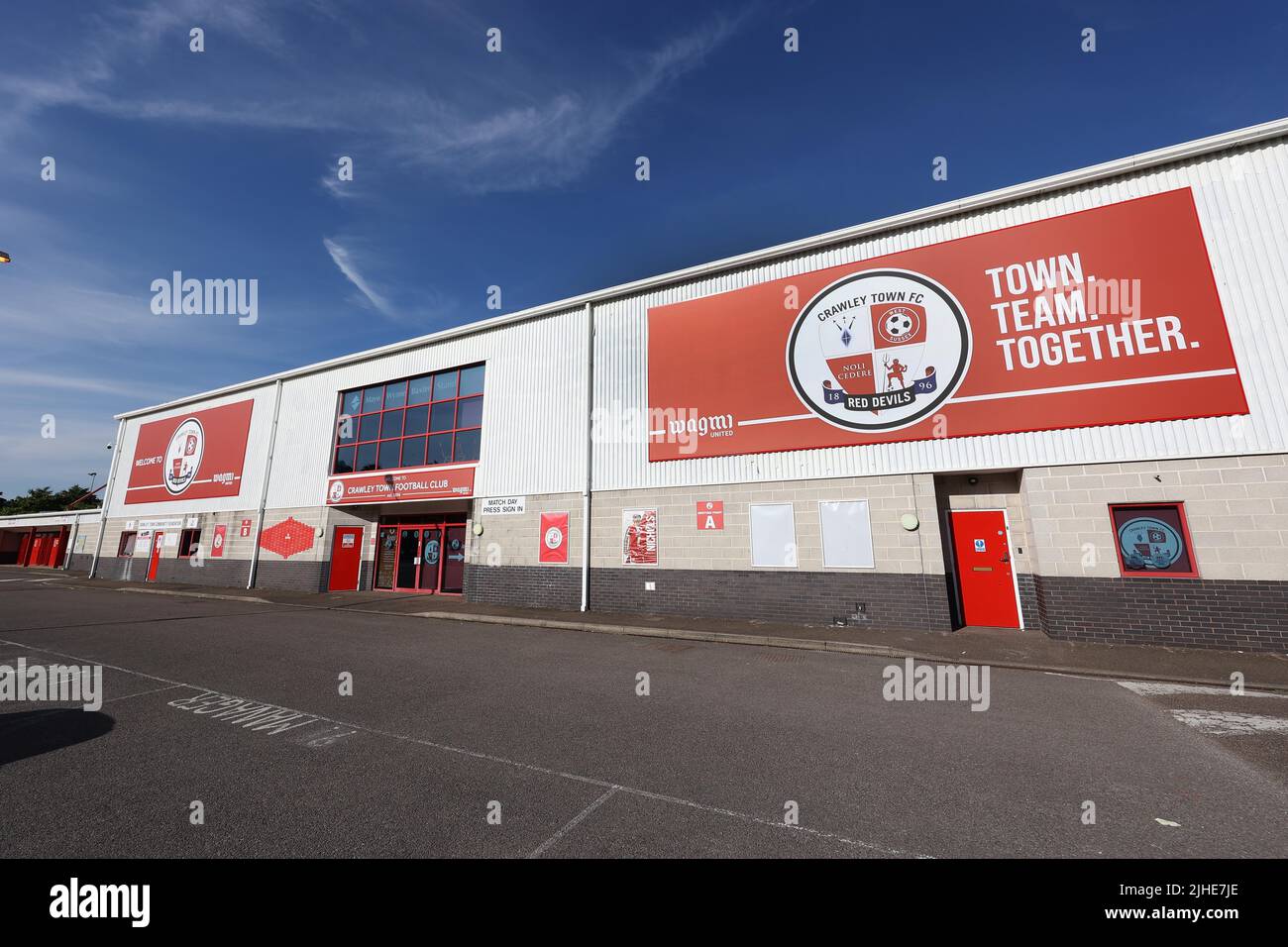 Crawley, UK : 7th July 2022 :  General view of the Broadfield Stadium formerly the People’s Pension Stadium before the pre-season friendly between Crawley Town and Queens Park Rangers at the Broadfield Stadium in Crawley. Stock Photo