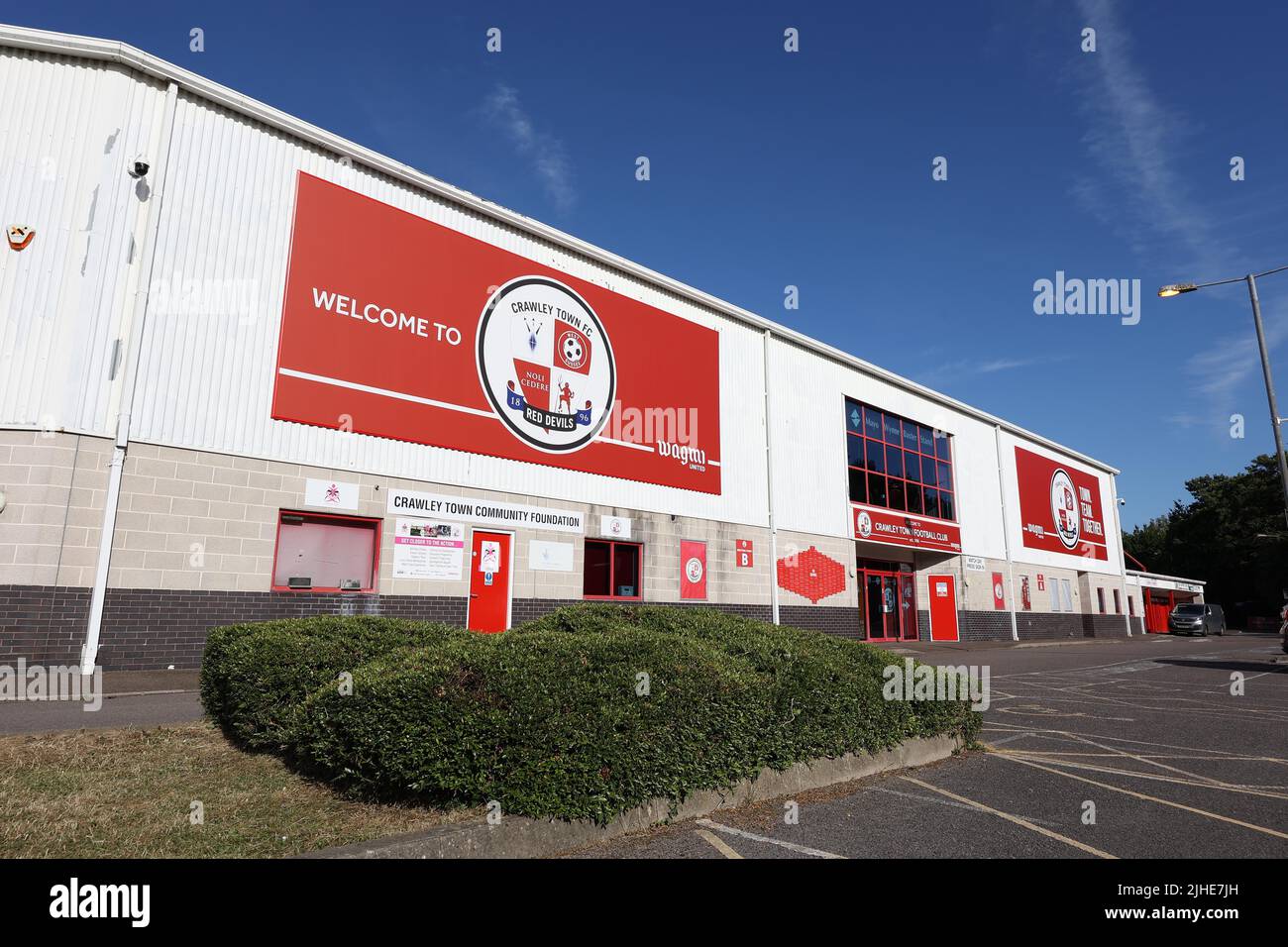 Crawley, UK : 7th July 2022 :  General view of the Broadfield Stadium formerly the People’s Pension Stadium before the pre-season friendly between Crawley Town and Queens Park Rangers at the Broadfield Stadium in Crawley. Stock Photo