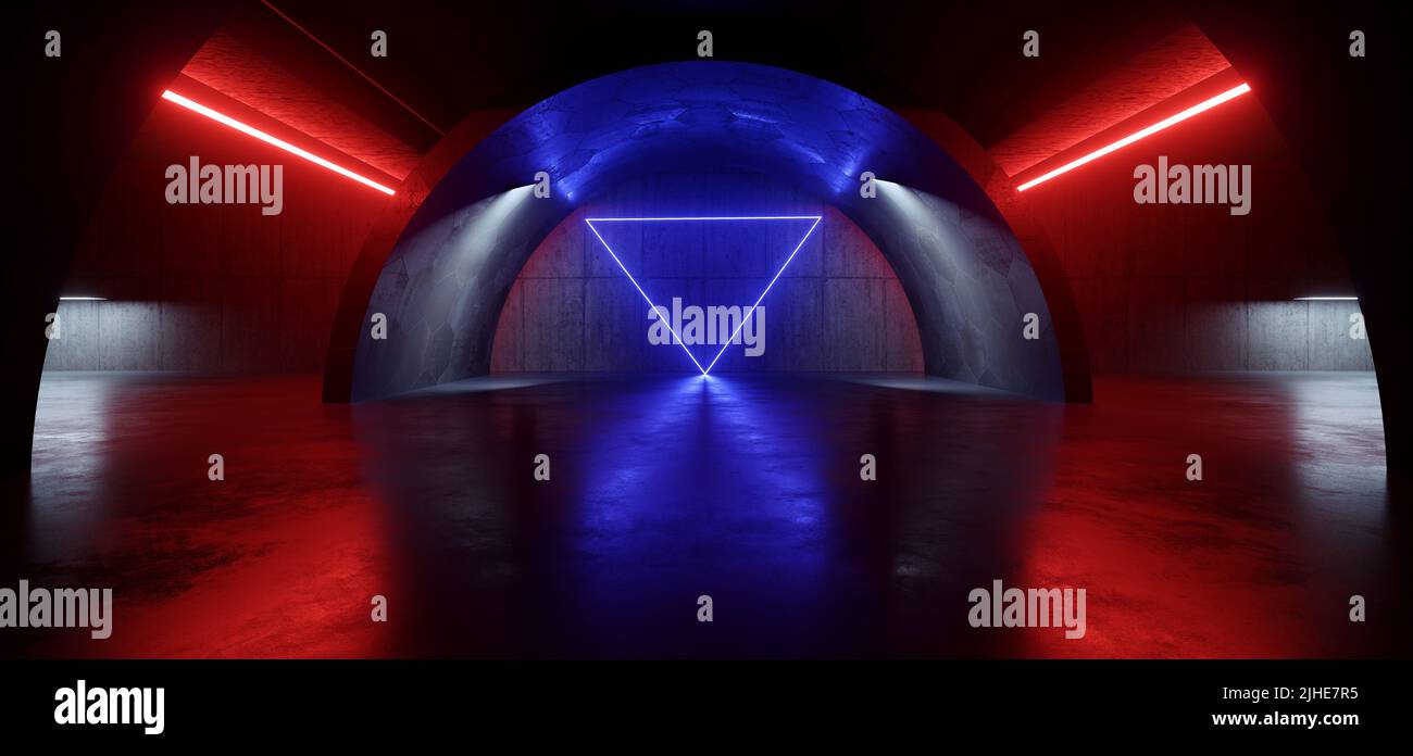 Oval Sci Fi Futuristic Tunnel Triangle Violet Red Neon Glowing Parking Grunge Basement Hangar Showroom Garage Concrete Asphalt Hallway 3D Rendering il Stock Photo