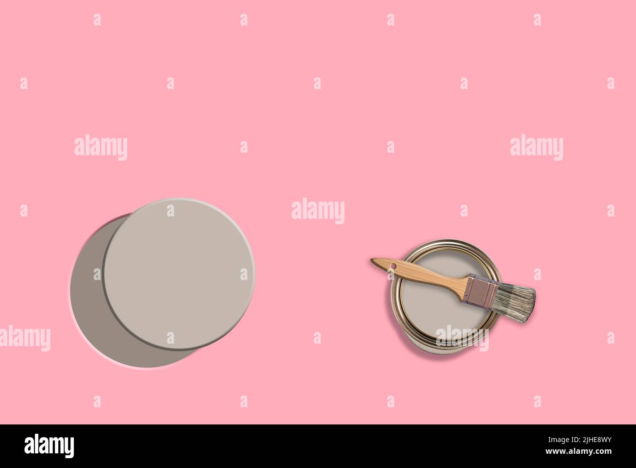 creative concept image of decorating remodeling painting paint paint pot can tin brush on a colourful pink background painted grey circle Stock Photo