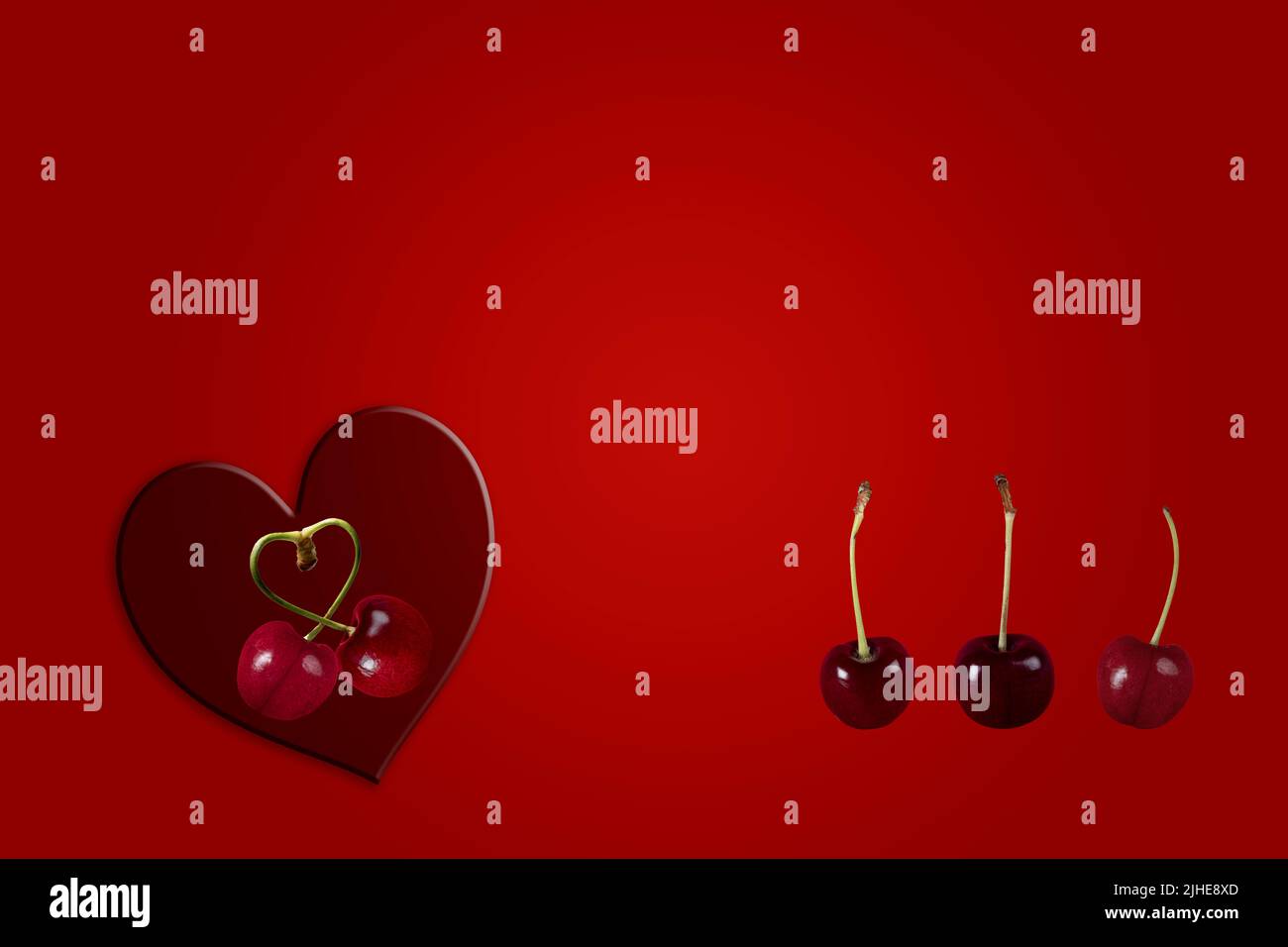 single couple love cherries cherry fruit concept image with row line of cherries & heart on a colorful colourful red background Stock Photo