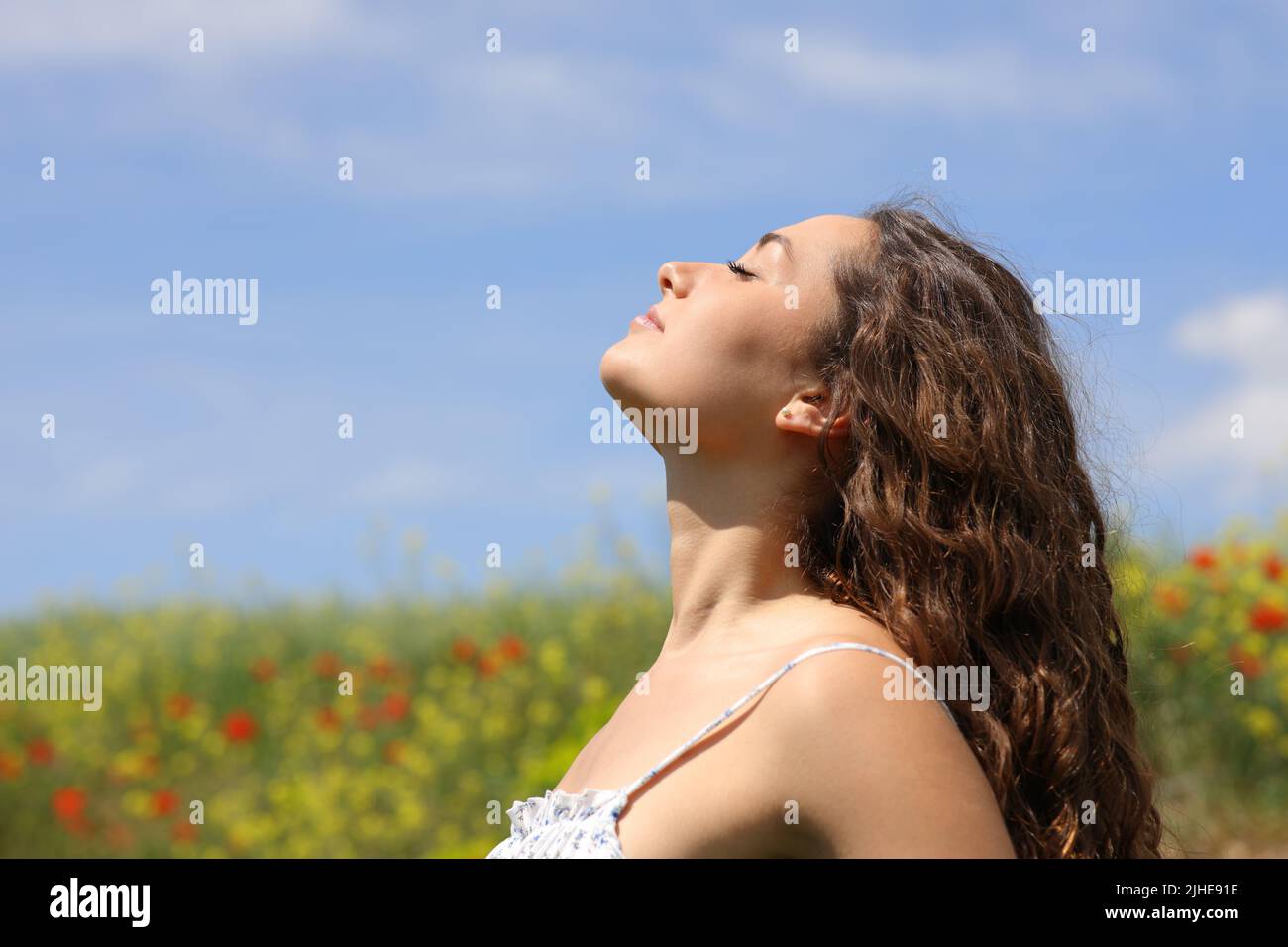 Side view portrait of a woman breathing in a flowers field Stock Photo