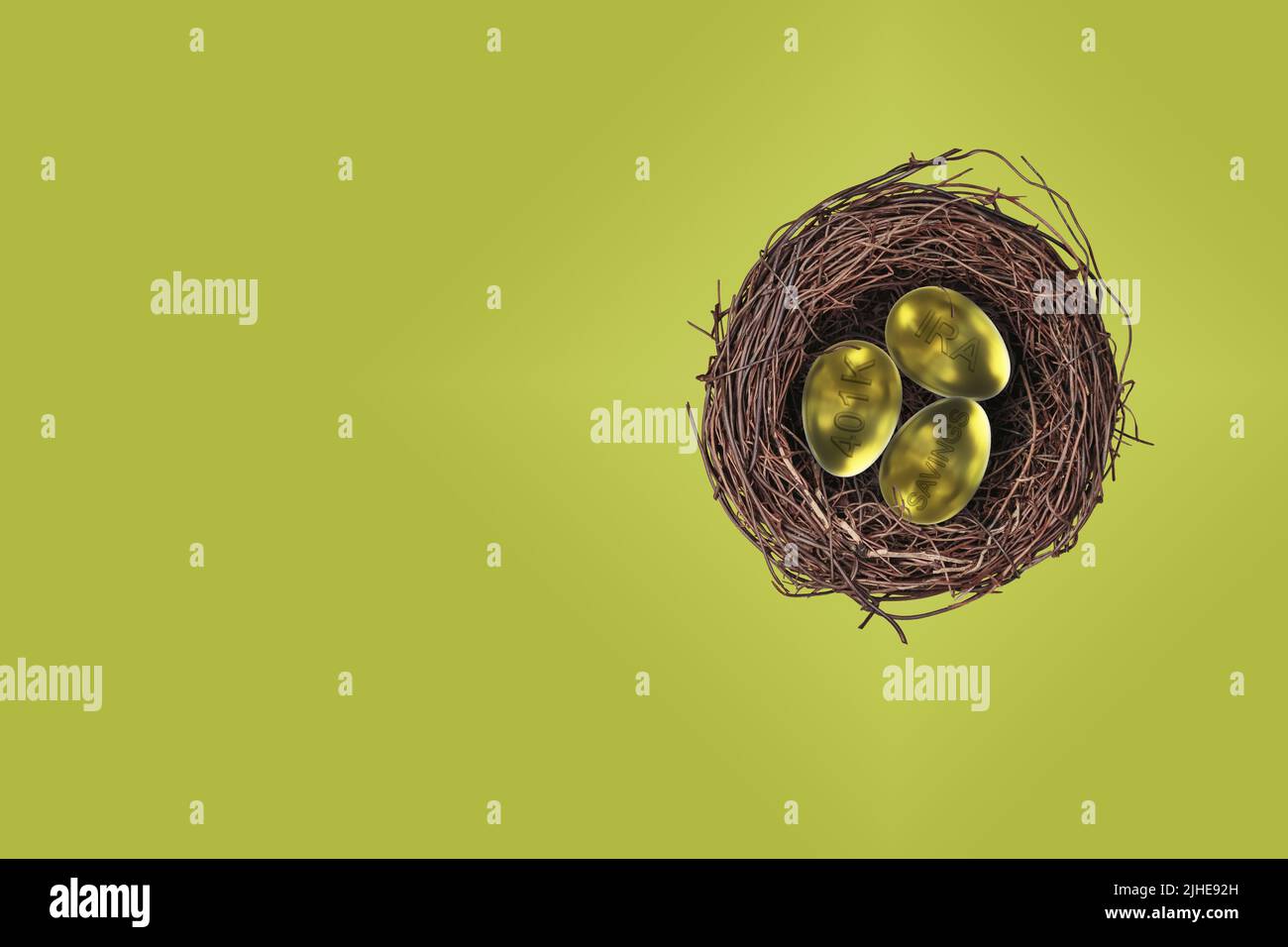 nest egg eggs pension pot concept gold golden egg eggs with IRA 401K & savings stamped embossed colorful green background Stock Photo