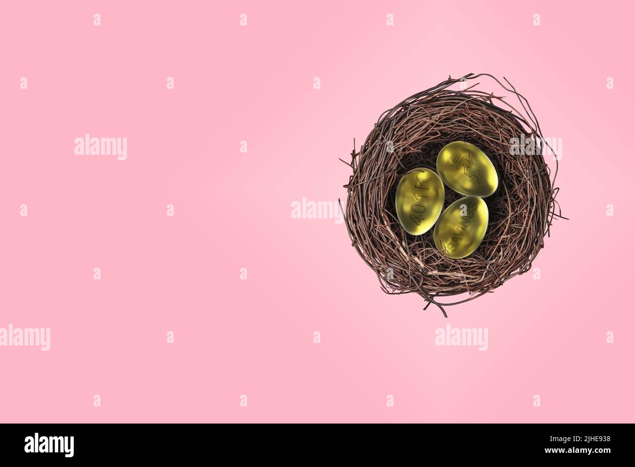 nest egg eggs pension pot concept gold golden egg eggs with IRA 401K & savings stamped embossed colorful pink background Stock Photo