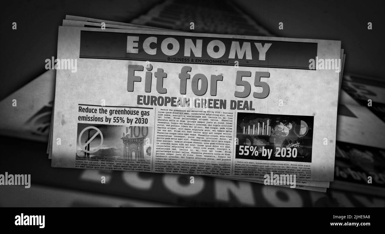 Fit for 55 European Green Deal and reduce the greenhouse gas emissions. Newspaper print. Vintage press abstract concept. Retro 3d rendering illustrati Stock Photo