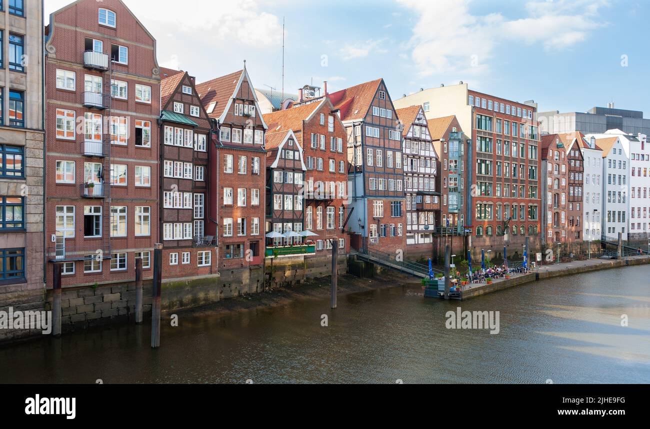 Hamburg, Germany - July 12, 2011 : Kleines Dock, small dock along northern canal of Elbe River. For outdoor dining, watching the tide ebb and flow. Stock Photo