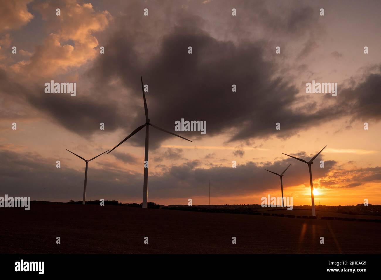 Sunset at Lindhurst wind Farm on Blidworth Lane, Rainworth Nottinghamshire England UK Stock