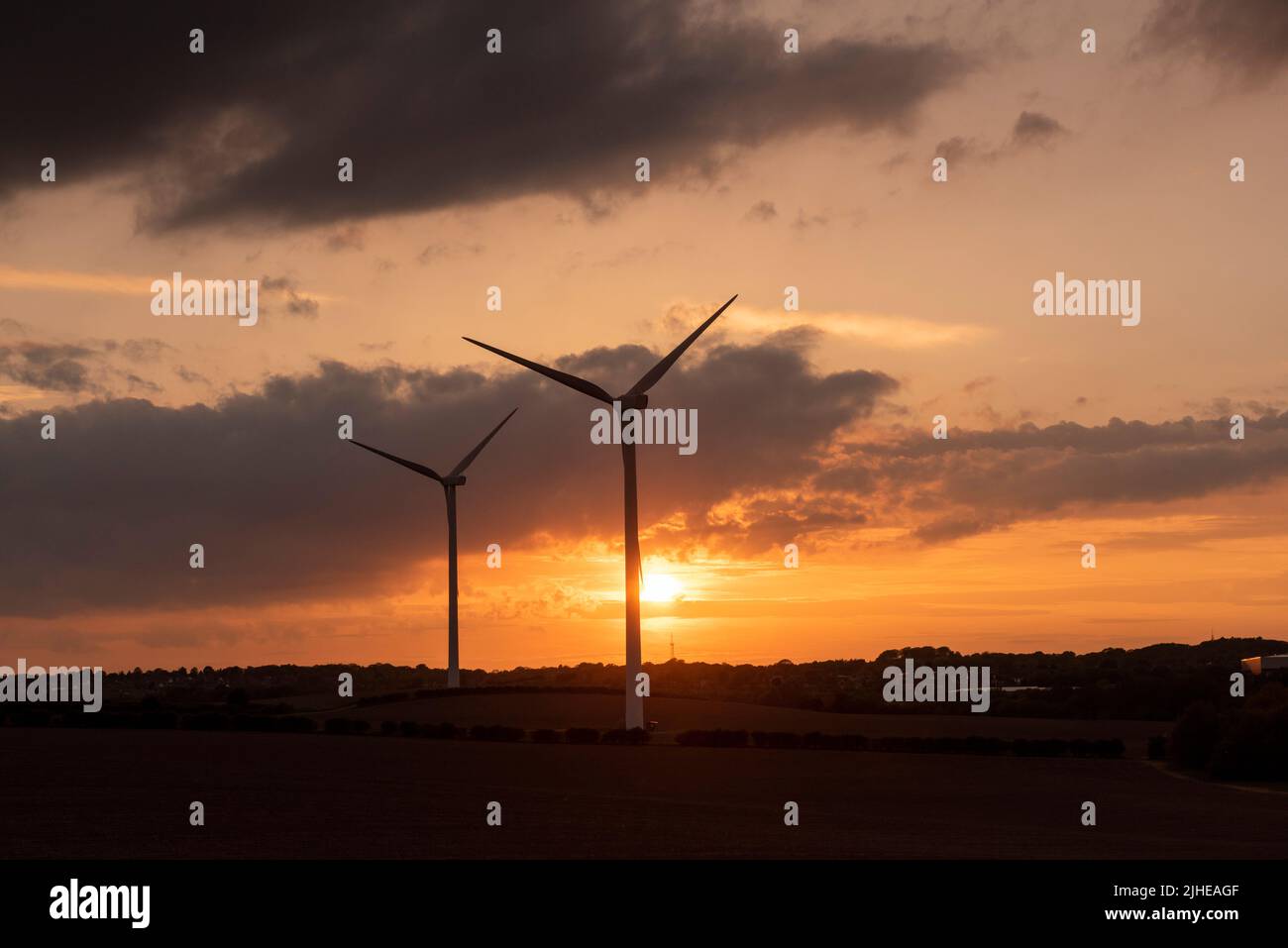 Sunset at Lindhurst wind Farm on Blidworth Lane, Rainworth Nottinghamshire England UK Stock Photo