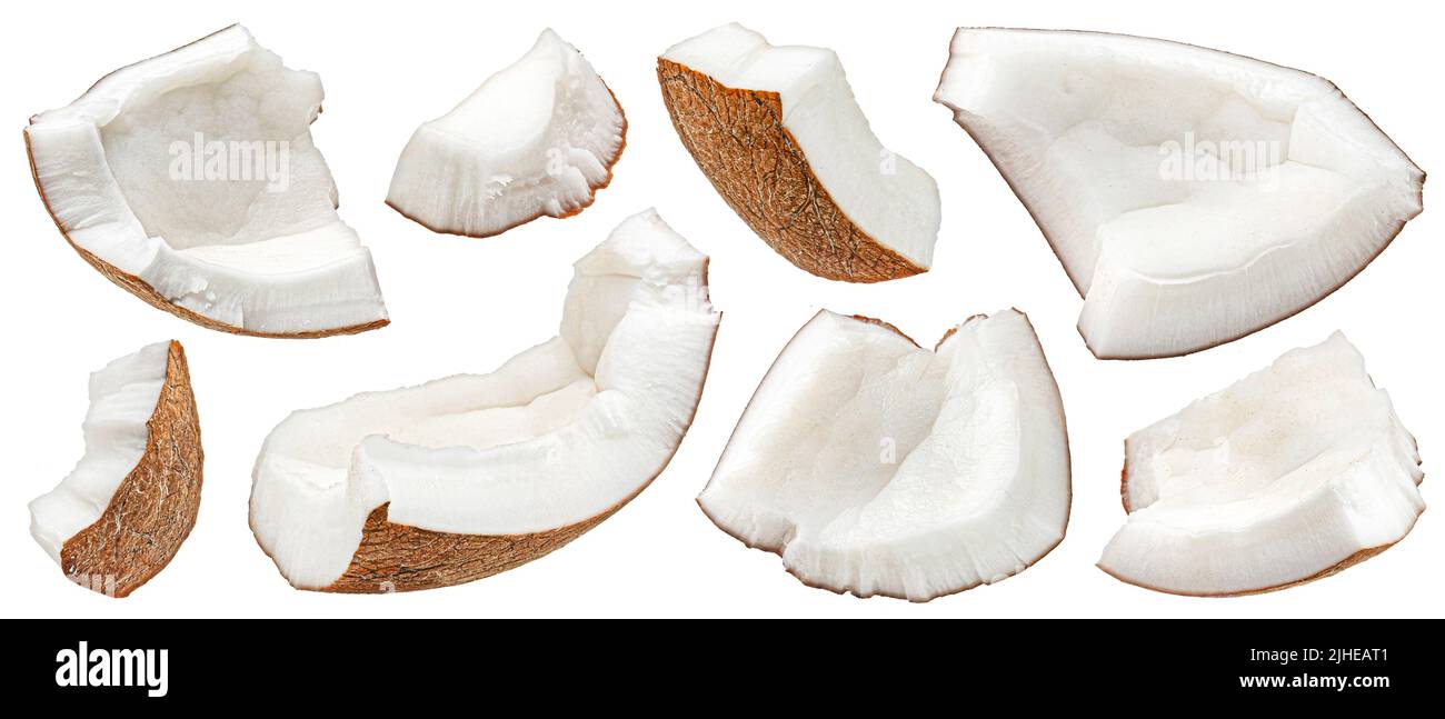 Coconuts pieces isolated on white background, full depth of field Stock Photo