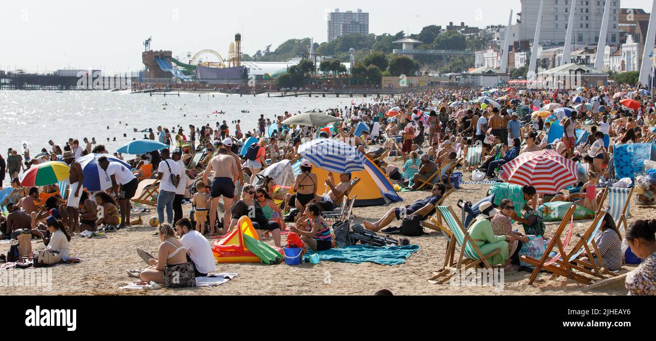 Southend-on-Sea, UK  July 17th 2022 Thousands of people at the beach on a hot sunny day. Summer, packed, multicultural, 2022 heatwave Stock Photo