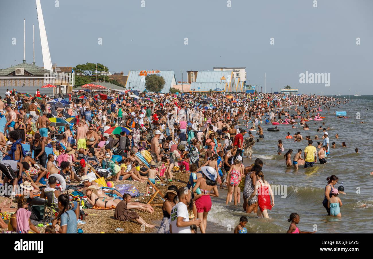 Southend-on-Sea, UK  July 17th 2022 Southend Beach full of people on a hot sunny day. Summer, packed, multicultural. UK heatwave 2022 Stock Photo