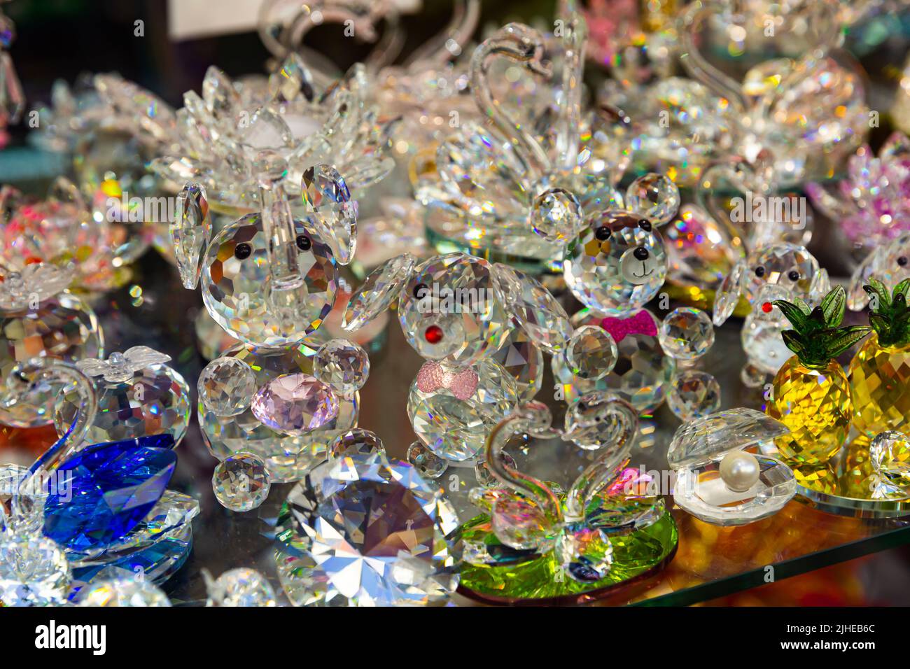 Bohemian glass figurines in showcase Stock Photo Alamy