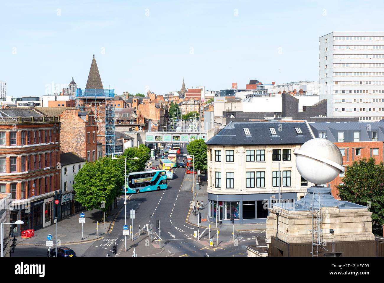 View up Lower Parliament Street in Nottingham, captured from the roof of Confetti, Nottinghamshire England UK Stock Photo
