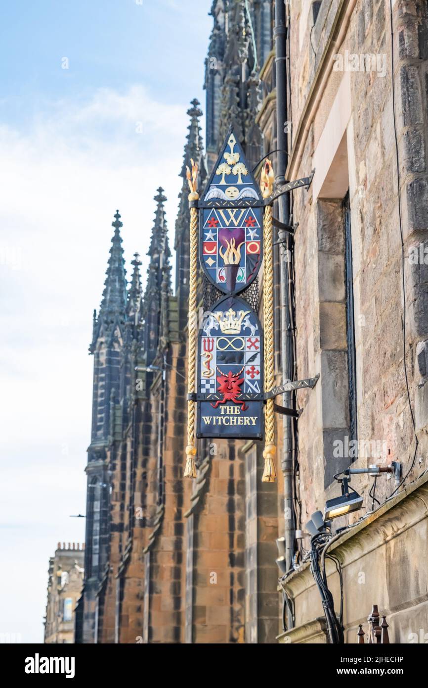Edinburgh, Scotland, UK – June 20 2022. The exterior sign of the Witchery restaurant located down the Royal Mile in Edinburgh, Scotland’s capital city Stock Photo