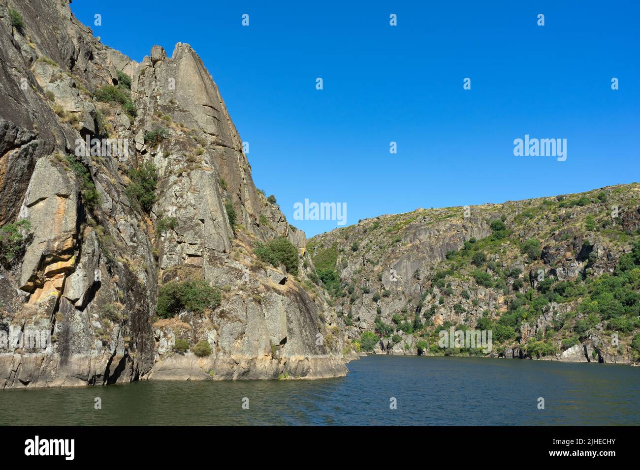 Arribes del Duero (Douro gorges) cliffs since touristic ship. Stock Photo