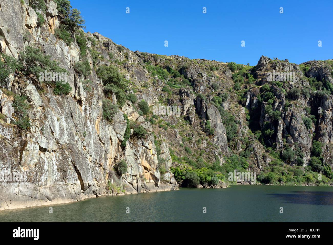 Arribes del Duero (Douro gorges) cliffs since touristic ship. Stock Photo