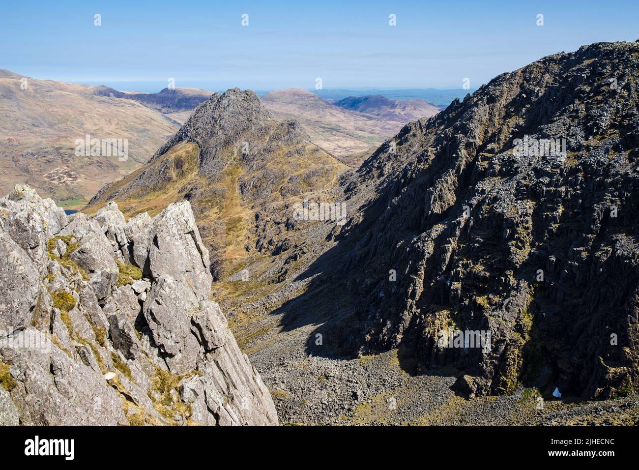 Mount Tryfan and Bristly Ridge on Glyder Fach from west side above Cwm Bochlwyd in Snowdonia National Park. Ogwen valley, Conwy, Wales, UK, Britain Stock Photo