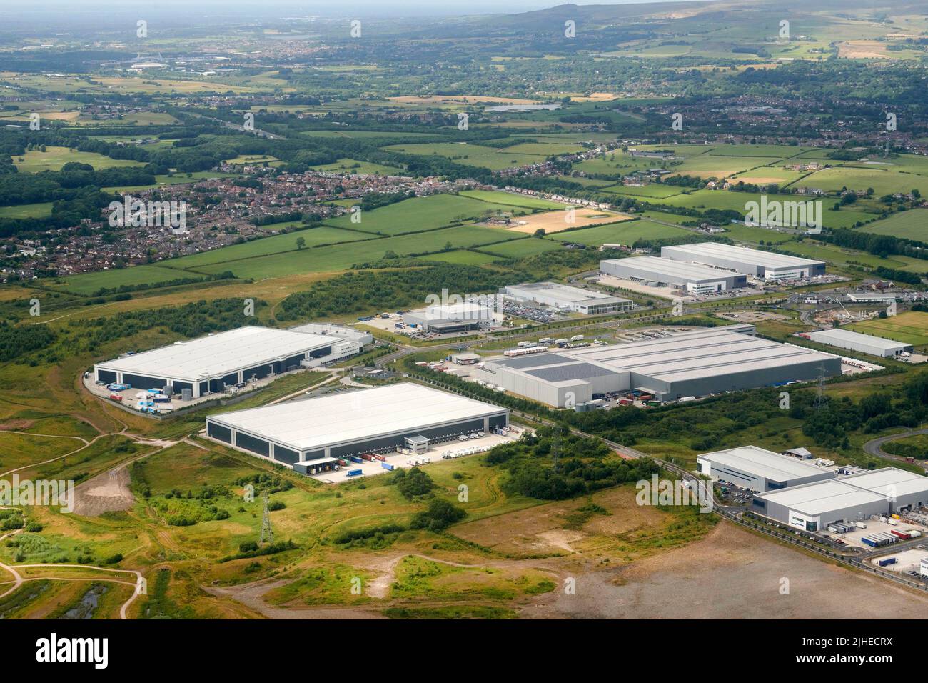 An aerial view of Logistics North distribution centre, Bolton, north west England, UK, developed by Harworth Estates Stock Photo