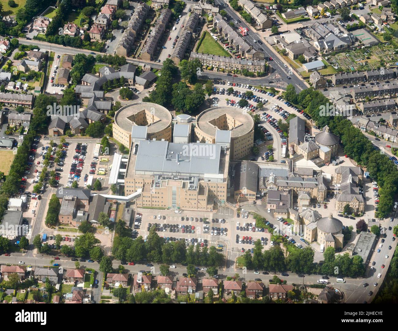 An aerial photograph of Calderdale Royal Infirmary, Halifax, West Yorkshire, northern England, UK Stock Photo