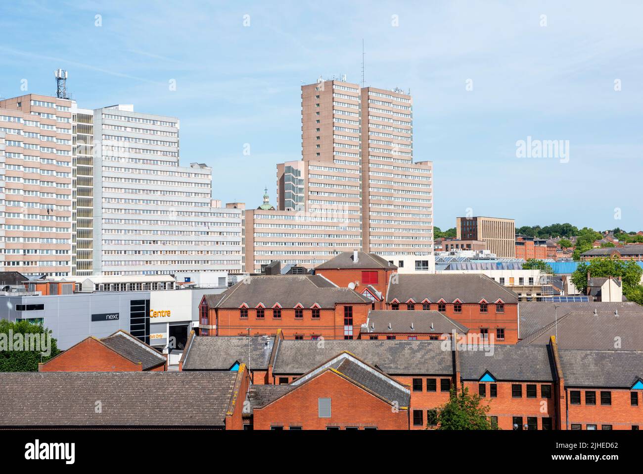 A view towards the Victoria Centre flats, captured. for the roof of the Confetti Institute in Nottingham City Centre, Nottinghamshire England UK Stock Photo