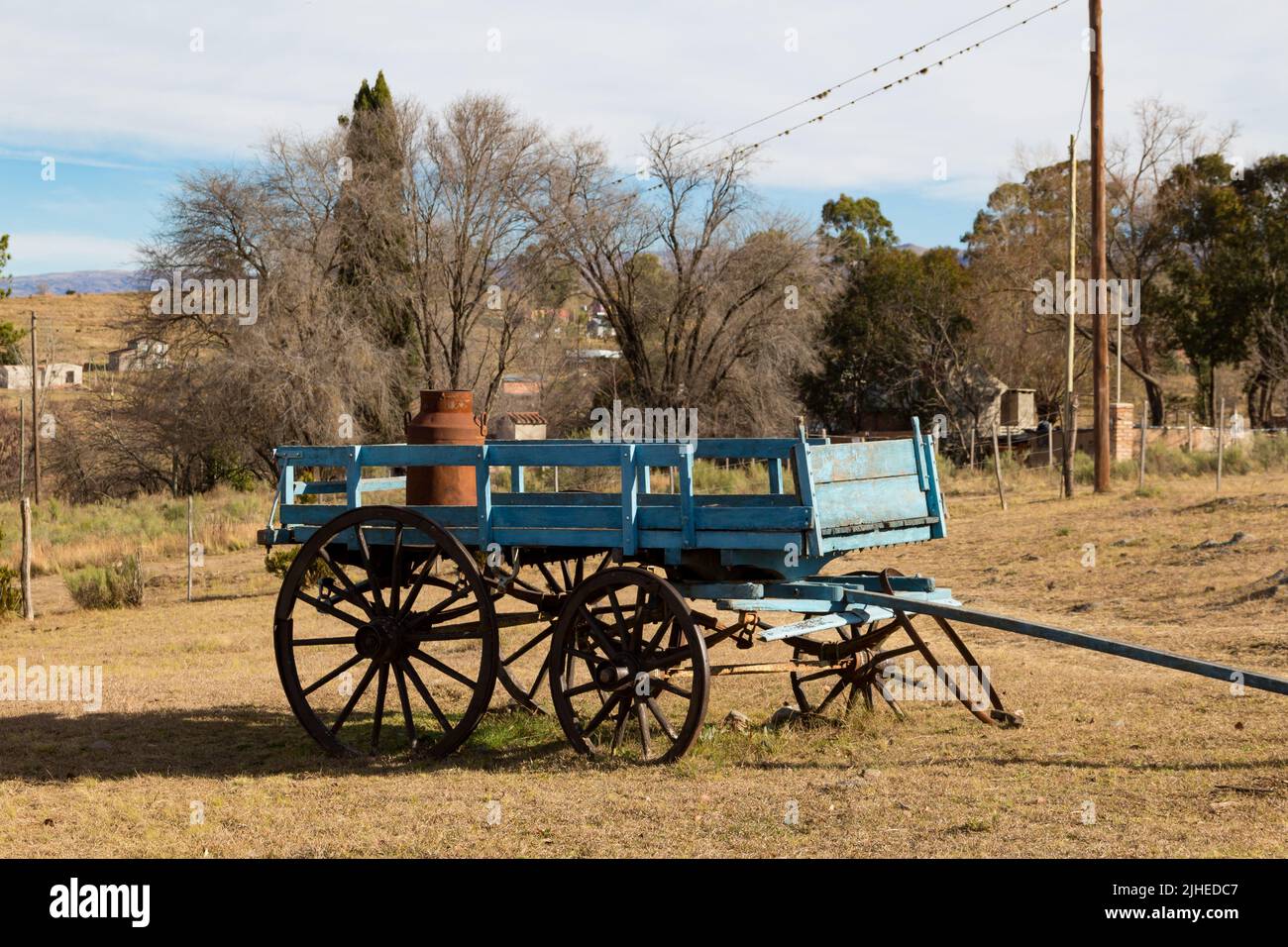old wooden milk cart the mountains of Cordoba, Argentina Stock Photo