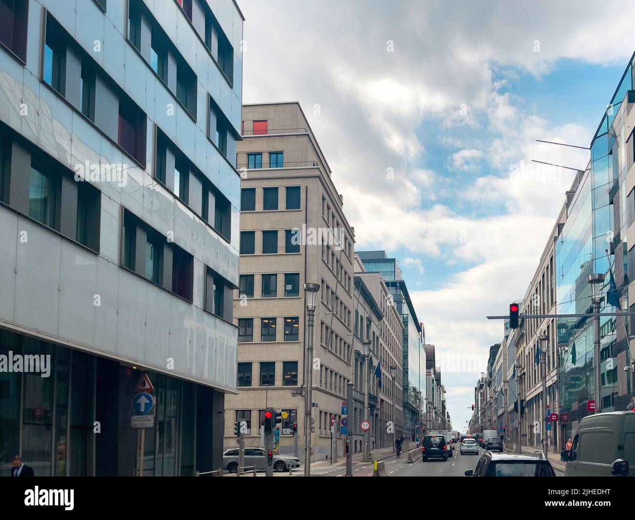 Few cars stopped at the Red traffic light in Brussels Stock Photo - Alamy