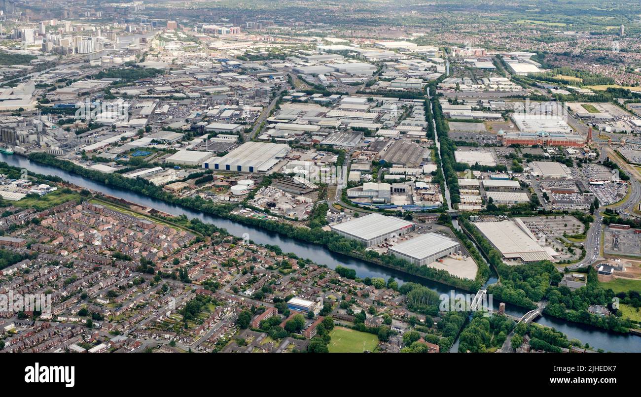An aerial view of Trafford Park industrial estate, Manchester, north west England, UK Stock Photo