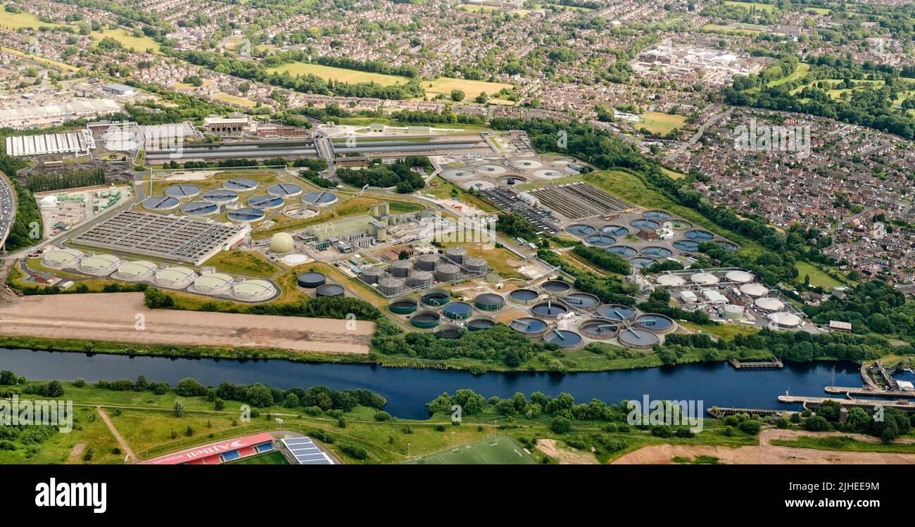An aerial view of Davyhulme WWTW, Trafford, Manchester, north west England, run by United Utilities and one of the biggest plants in the country Stock Photo