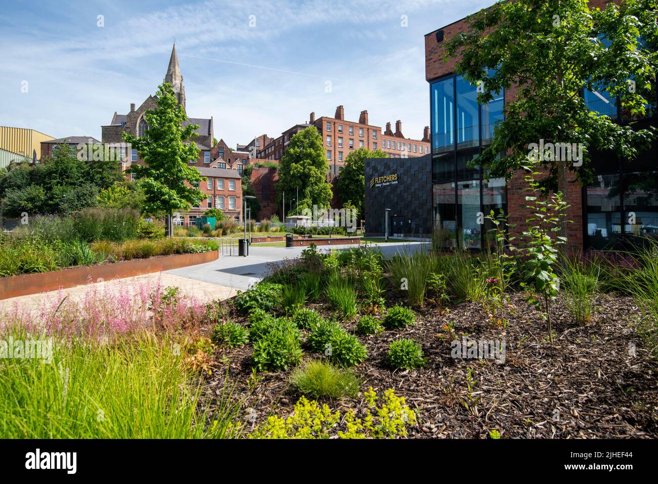 New green space and public realm between the College City Hub and Broad Marsh Car Park in Nottingham City Centre June 2022, Nottinghamshire England UK Stock Photo