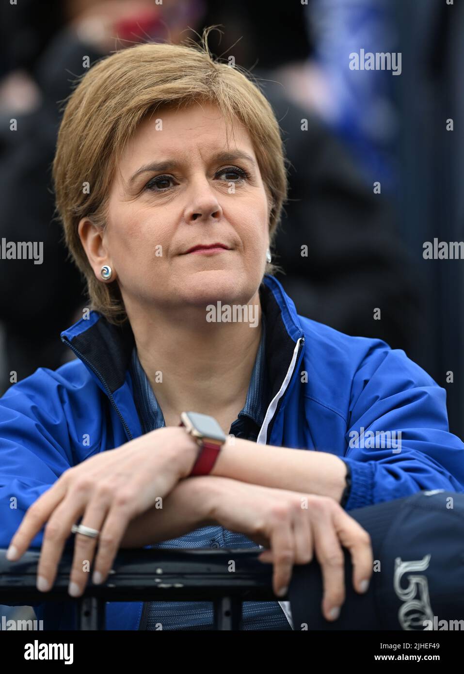 150th Open Golf Championships, the Old Course, St Andrews, July 15th 2022 Scotlands First Minister Nicola Sturgeon watches play from the grandstand. Stock Photo