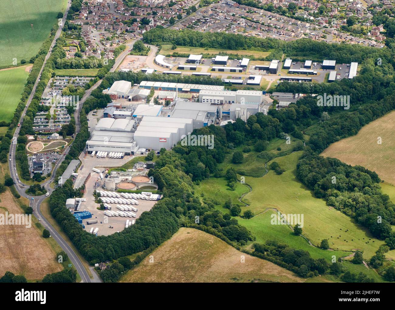 Muller Yoghurt and desserts factory, from the air, Market Drayton, Shropshire, West Midlands, UK Stock Photo