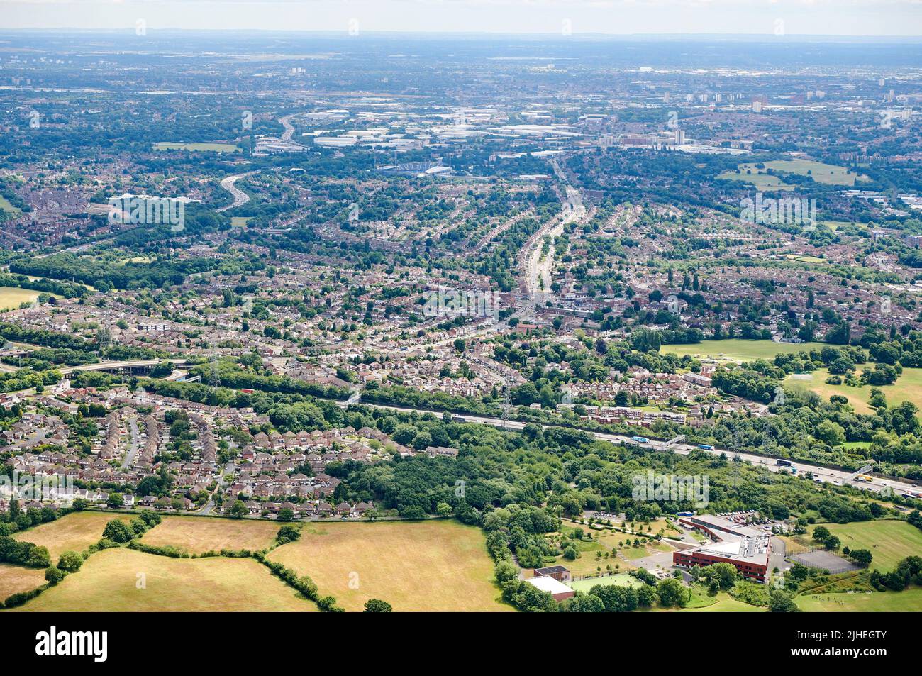 The notorious M5/M6 bottleneck Junction, north of Birmingham, from the air, West Midlands, UK Stock Photo