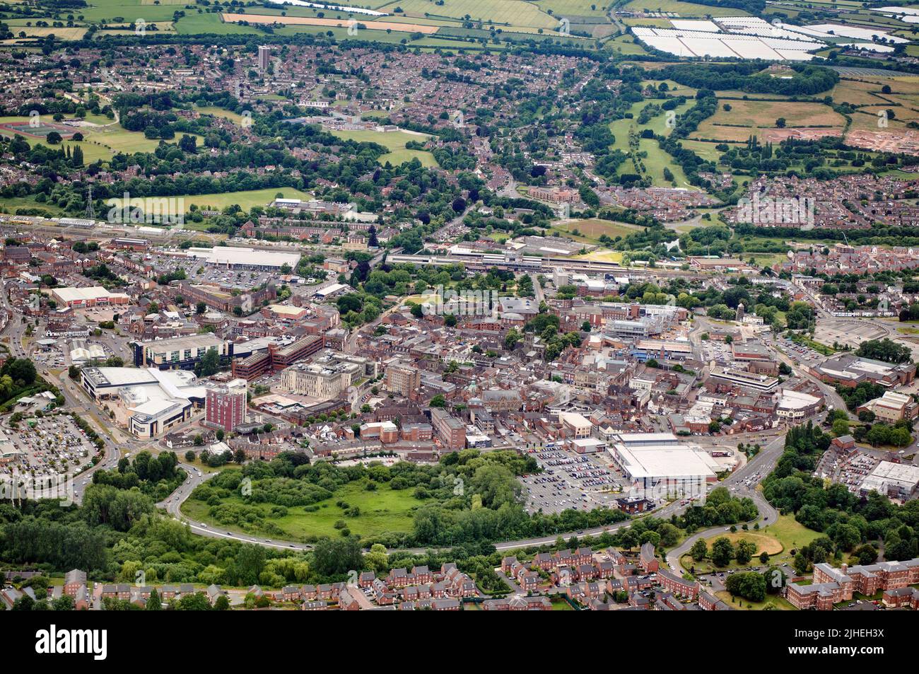 An aerial view of Stafford Town Centre, Staffordshire, West Midlands, UK Stock Photo