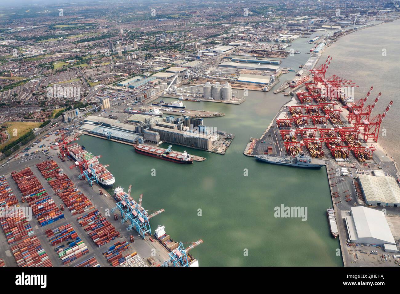An aerial photograph of Peel Port at Seaforth Docks, Liverpool, Mersey side, north west England, UK Stock Photo