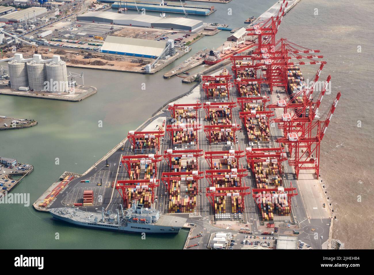 An aerial photograph of Peel Port at Seaforth Docks, Liverpool, Mersey side, north west England, UK Stock Photo