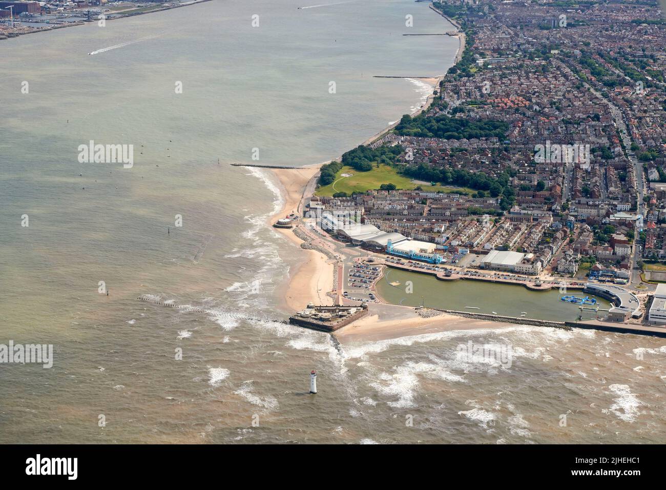 An aerial photograph of New Brighton Promenade and Marine Lake,  Liverpool, and River Mersey Background north west England, UK Stock Photo