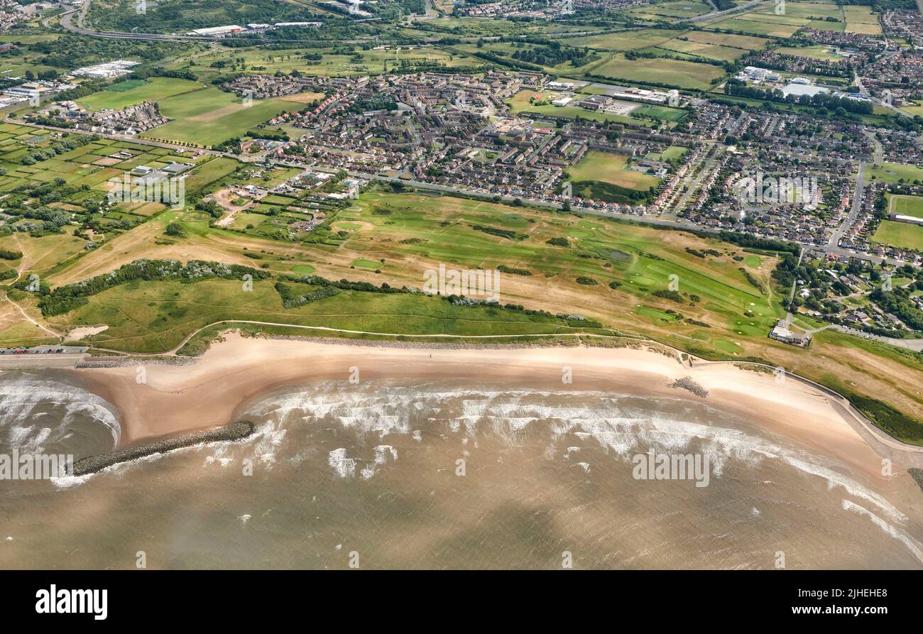 An aerial view of Leaseowe Beach, Wirral, north west England, UK Stock Photo