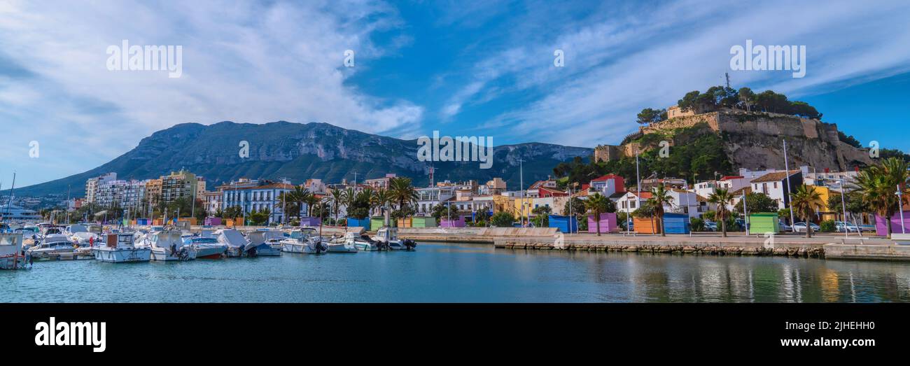 Denia Alicante Spain panoramic view with colourful houses and mountain and beautiful blue sky